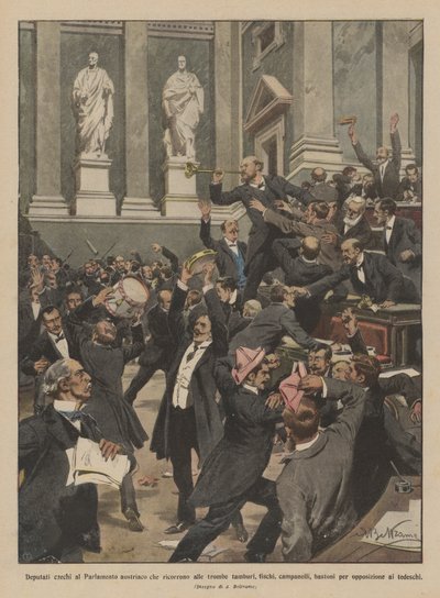 Tschechische Abgeordnete im österreichischen Parlament greifen zu Trompeten, Trommeln, Pfeifen, Glocken von Achille Beltrame