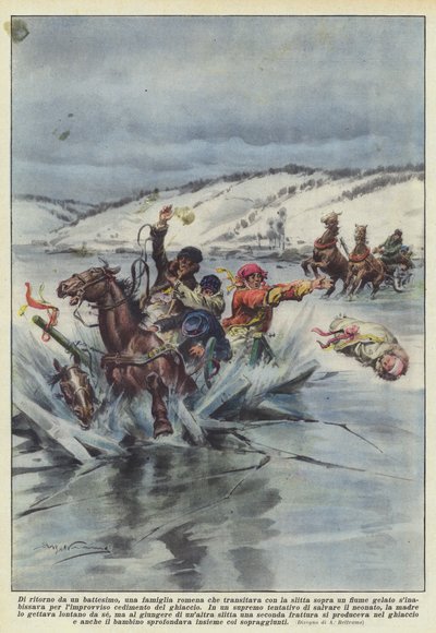 Auf dem Rückweg von einer Taufe, eine rumänische Familie, die mit dem Schlitten über einen zugefrorenen Fluss fuhr von Achille Beltrame