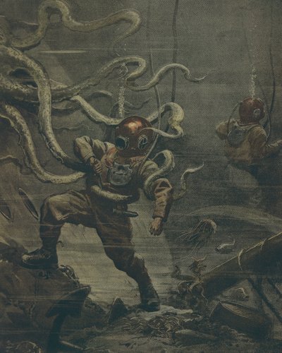 Taucher wird während eines Tauchgangs von einem riesigen Oktopus angegriffen, von Achille Beltrame, Illustration, Illustrator Achille Beltrame (1871-1945), aus La Domenica del Corriere, 25. Oktober 1908 von Achille Beltrame