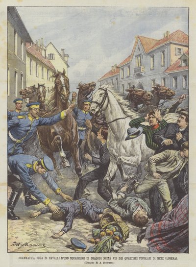 Dramatische Flucht von Pferden eines Dragonerschwadrons in den Straßen der Arbeiterviertel von Metz (Lothringen) von Achille Beltrame