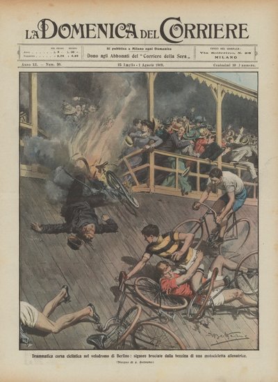 Dramatisches Radrennen im Velodrom von Berlin, Frauen durch Benzin verbrannt von Achille Beltrame