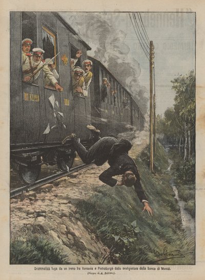 Dramatische Flucht aus einem Zug zwischen Warschau und St. Petersburg des Bankräubers von Moskau von Achille Beltrame