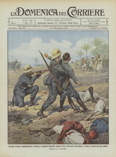 Während des letzten Kampfes in Misrata, Hauptmann Piscicelli, verwundet gefallen in 100 Metern Entfernung von Achille Beltrame
