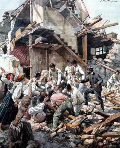 Erdbeben in Reggio (Kalabrien) am 28.12.1908. Soldaten suchen in den Trümmern nach den Opfern des Erdbebens. Illustration von Beltrame von Achille Beltrame