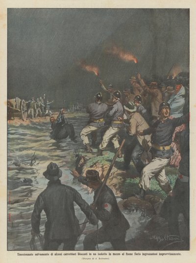 Emotionales Rettung von einigen Fuhrleuten, die auf einer Insel im Fluss Serio blockiert waren von Achille Beltrame