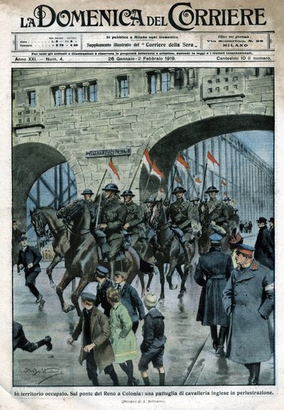 Englische Präsenz in Deutschland: Militärtruppen auf einer Rheinbrücke in Köln. Illustration von Beltrame. La Domenica del Corriere. 01/1919 von Achille Beltrame