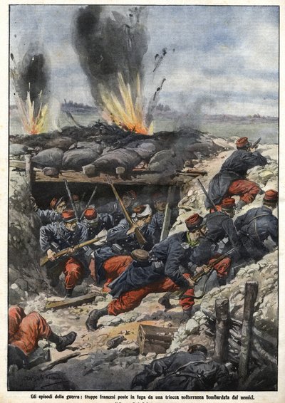 Episode des Krieges von 1914: Französische Truppen in den Schützengräben werden von Feinden bombardiert. "La Domenica del Corriere" von Achille Beltrame
