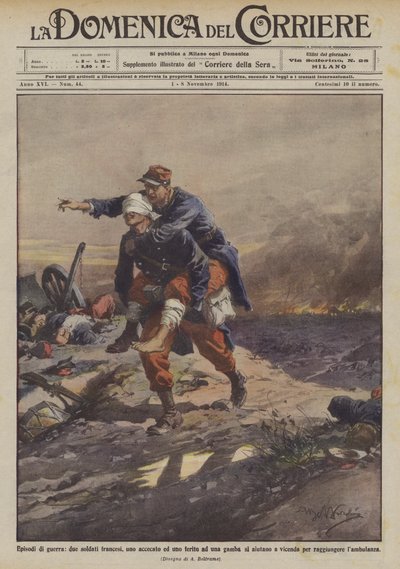 Kriegsepisoden, zwei französische Soldaten, einer blind und einer am Bein verletzt, helfen sich gegenseitig von Achille Beltrame