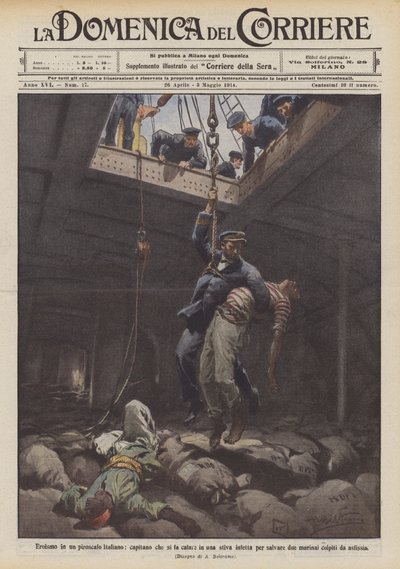 Heldentat auf einem italienischen Dampfer, Kapitän lässt sich in einen verseuchten Laderaum hinab, um zwei... von Achille Beltrame
