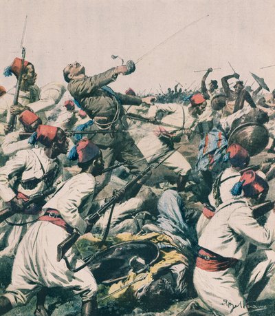 Äthiopischer Angriff auf die Garnison von Lugh und Tötung von Hauptmann Bongiovanni, von Achille Beltrame, Illustration, Achille Beltrame (1871-1945), aus La Domenica del Corriere von Achille Beltrame