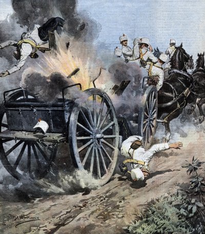 Explosion einer Artilleriekiste in der Nähe von Capannori in der Region Lucca während des Umzugs des 7. Artillerieregiments der italienischen Armee. Ill. von Beltrame. La Domenica del Corriere. 08/1909. von Achille Beltrame