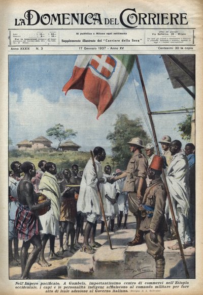 Faschismus 1937: Treffen in Gambela, dem Handelszentrum des äthiopischen Reiches, von einheimischen Häuptlingen und Persönlichkeiten, um einen Akt der Zugehörigkeit zur italienischen Regierung zu machen. Illustration von Achille Beltrame in „La domenica de von Achille Beltrame