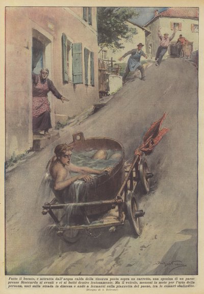 Nach dem Waschen, angezogen vom warmen Wasser der Wanne auf einem Karren, eine junge Braut... von Achille Beltrame