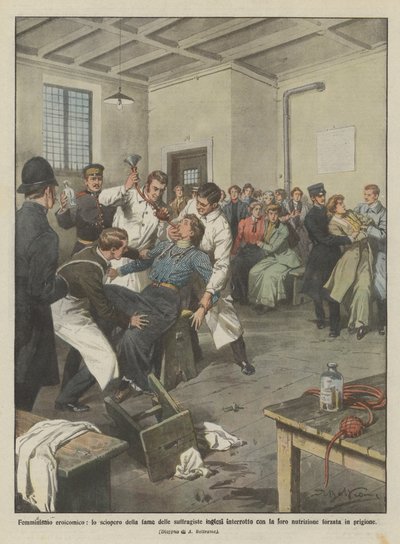 Heroisch-komischer Feminismus, der Hungerstreik der englischen Suffragetten unterbrochen von Achille Beltrame