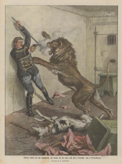 Wilder Kampf zwischen einem Dompteur, einem Löwen und einem Hund im Zirkus Ciniselli, jetzt in St. Petersburg von Achille Beltrame