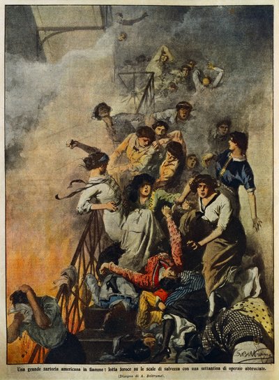 Feuer in großer amerikanischer Textilfabrik: Arbeiter auf Treppenhaus, Illustration von Achille Beltrame, aus La Domenica del Corriere, 10. August von Achille Beltrame