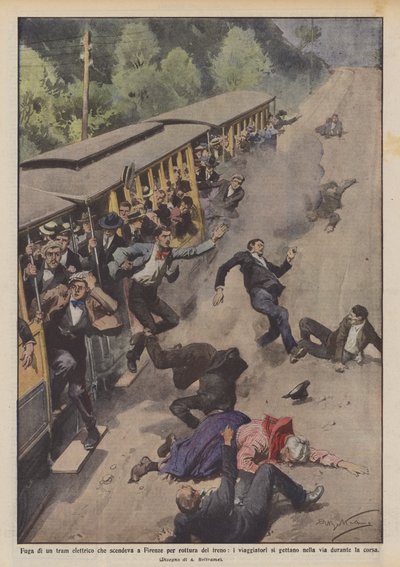 Flucht einer Straßenbahn, die nach Florenz hinunterfuhr, wegen Bremsversagens, die Passagiere springen ab von Achille Beltrame