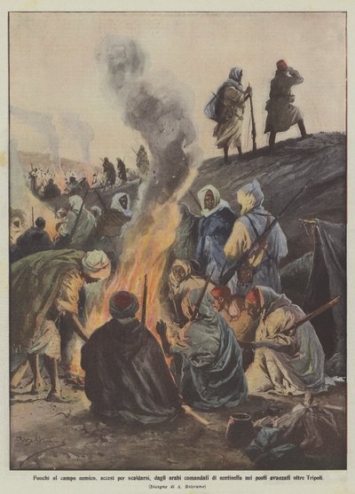 Feuer im feindlichen Lager, von den Arabern entzündet, um sich zu wärmen, die als Wachen in den vorgeschobenen Posten jenseits von Tripolis stationiert sind von Achille Beltrame