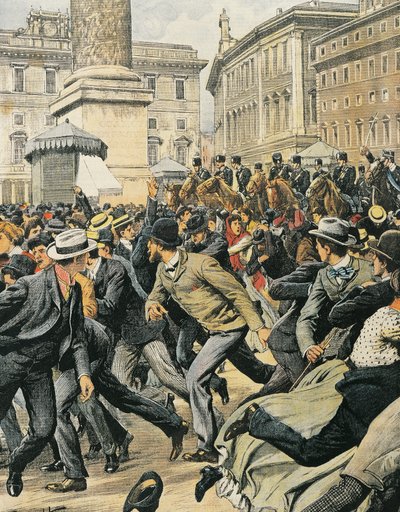 Generalstreik der Arbeiter in Rom, von Achille Beltrame, Illustration, Illustrator Achille Beltrame (1871-1945), aus La Domenica del Corriere von Achille Beltrame