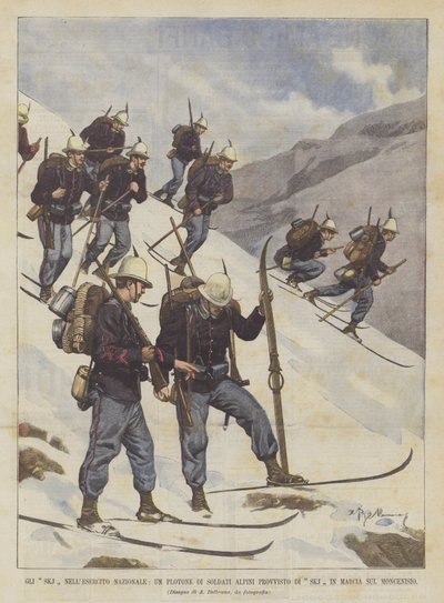 Ein Zug von alpinen Soldaten mit SKJ marschiert auf dem Moncenisio von Achille Beltrame