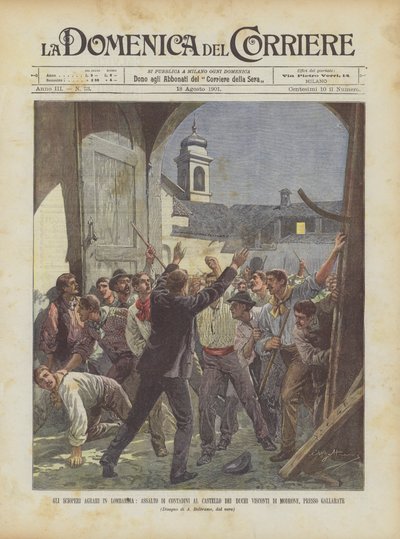 Die landwirtschaftlichen Streiks in der Lombardei, Angriff der Bauern auf das Schloss der Herzöge Visconti di Modrone bei Gallarate von Achille Beltrame
