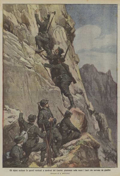 Die Alpini erklimmen die senkrechten Wände nordöstlich des Cauriol und schlagen Eisen in die Felsen, die als Stufen dienen von Achille Beltrame