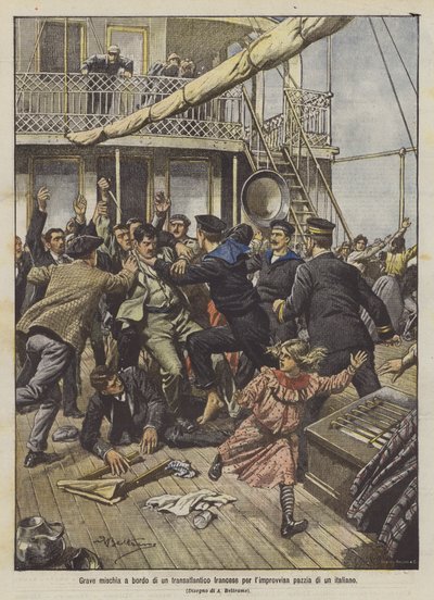 Heftiger Kampf an Bord eines französischen Transatlantikliners wegen des plötzlichen Wahnsinns eines Italieners von Achille Beltrame