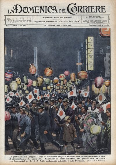 Große Parade der Einwohner Tokios, um Italien und Deutschland nach der Anerkennung des neuen Staates Mandschukuo zu huldigen. Illustration von Achille Beltrame in 