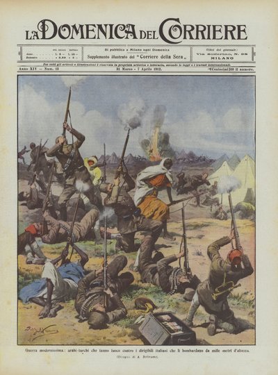 Modernster Krieg, Araber-Türken feuern auf die italienischen Luftschiffe, die sie bombardieren von Achille Beltrame