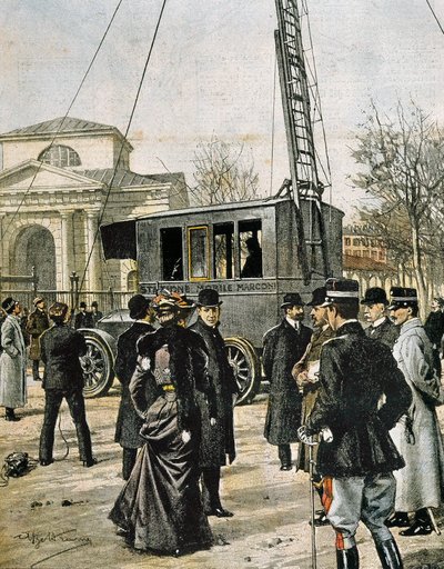 Guglielmo Marconi beobachtet in Mailand den Test der ersten mobilen Radiostation. Illustration von Achille Beltrame für „Domenica del Corriere“ (1906). Gravur von Achille Beltrame