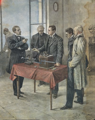 Guglielmo Marconi testet die drahtlose Telegrafie über den Ärmelkanal. Illustration von Achille Beltrame in der italienischen Zeitung 