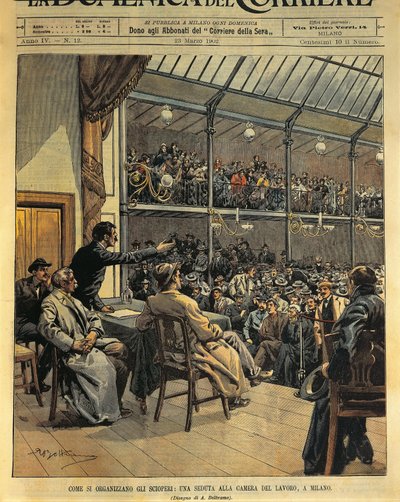 Wie man Streiks organisiert, Sitzung der Arbeiterkammer in Mailand (Illustration) von Achille Beltrame