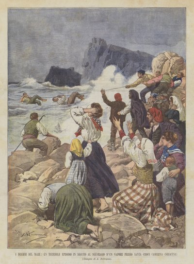 Die Dramen des Meeres, ein schreckliches Ereignis nach dem Schiffbruch eines Dampfers bei Santa Croce Camerina (Syrakus) von Achille Beltrame