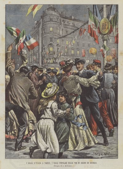 Die italienischen Royals in Paris, Volkstänze auf den Straßen als Zeichen der Freude von Achille Beltrame