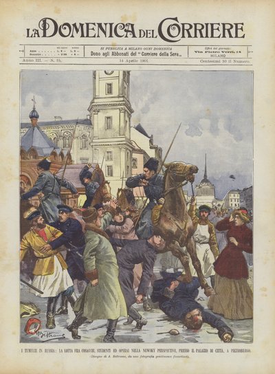 Die Unruhen in Russland, der Kampf zwischen Kosaken, Studenten und Arbeitern in der Newsky-Perspektive von Achille Beltrame