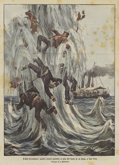 Die außergewöhnlichen Fälle, vier Männer werden aus dem Flussbett in die Luft geschleudert, in New York von Achille Beltrame