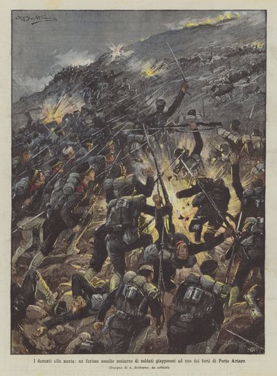 Die Verdammten zum Tode, ein wütender nächtlicher Angriff japanischer Soldaten auf eines der Forts von Port Arthur von Achille Beltrame