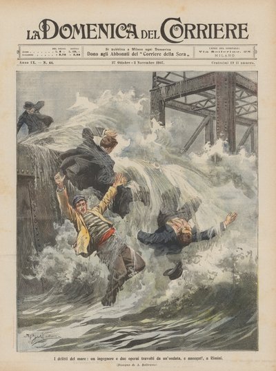 Die Verbrechen des Meeres, ein Ingenieur und zwei Arbeiter werden von einer Welle erfasst und ertrinken in Rimini von Achille Beltrame