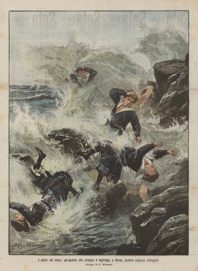 Die Verbrechen des Meeres, eine Welle reißt vier Schulmädchen in Brest mit und verschlingt sie von Achille Beltrame