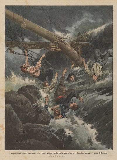 Die Dramen des Meeres, Schiffbruch des Fischerbootes Ricordo mit fünf Opfern in der Nähe des Hafens von Pesaro von Achille Beltrame