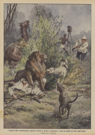 Die Dramen der Kinematographie, Kameraleute in Afrika von Löwen angegriffen von Achille Beltrame