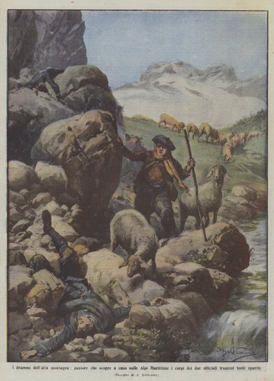 Die Dramen der hohen Berge, ein Hirte entdeckt zufällig in den Seealpen die Leichen von zwei... von Achille Beltrame