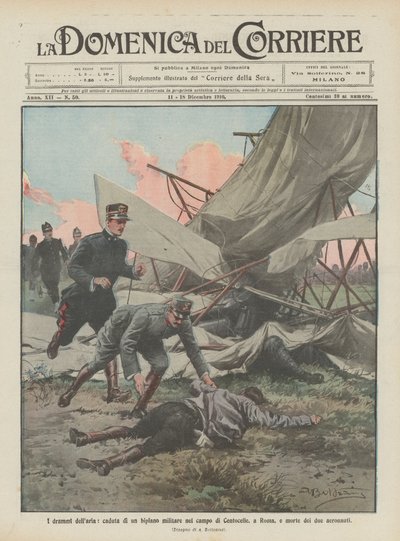Die Dramen der Luft, Absturz eines Militär-Doppeldeckers auf dem Feld von Centocelle in Rom, Tod der beiden Flieger von Achille Beltrame