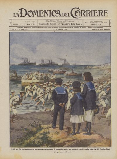 Die Kinder der Herrscher beobachten eine Landungs- und Eroberungsübung gegen einen angenommenen Feind von Achille Beltrame