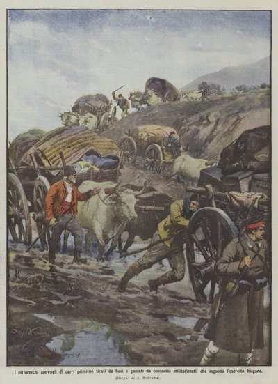 Die malerischen Konvois primitiver Karren, gezogen von Ochsen und geführt von militarisierten Bauern... von Achille Beltrame