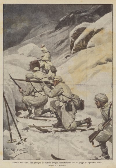 Die Soldaten des Schnees, eine Patrouille von Skifahrern kämpft gegen eine Gruppe feindlicher Späher von Achille Beltrame
