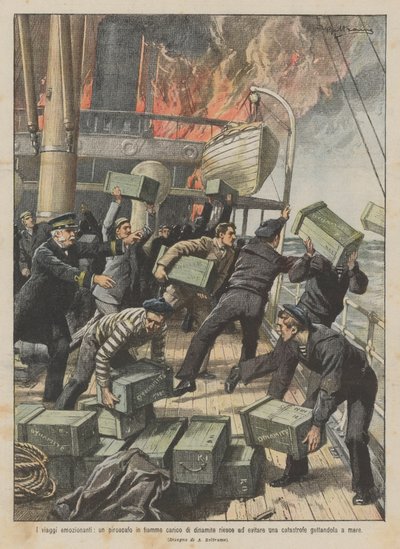 Spannende Reisen, ein brennendes Schiff beladen mit Dynamit vermeidet eine Katastrophe, indem es die Ladung ins Meer wirft von Achille Beltrame