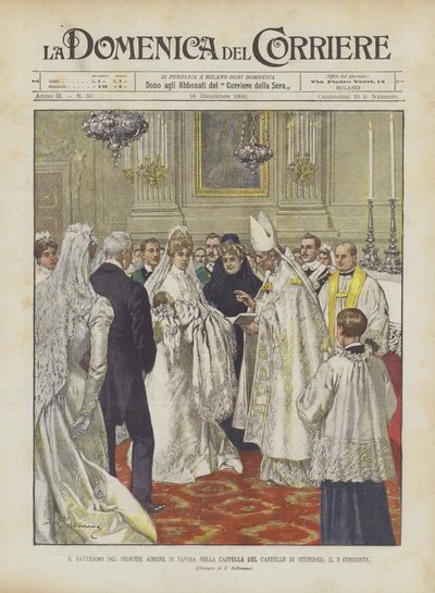 Die Taufe von Prinz Aimone von Savoyen in der Kapelle des Schlosses von Stupinigi, am 3. dieses Monats von Achille Beltrame
