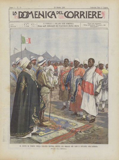 Der Graf von Turin in der Kolonie Eritrea empfängt die Huldigungen der Häuptlinge und Notablen von Asmara von Achille Beltrame
