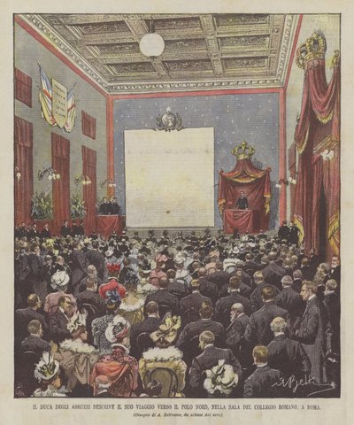 Der Herzog der Abruzzen beschreibt seine Reise zum Nordpol im Saal des Collegio Romano in Rom von Achille Beltrame